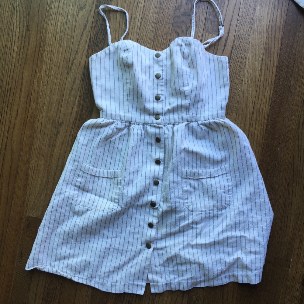 linen pin striped button down dress